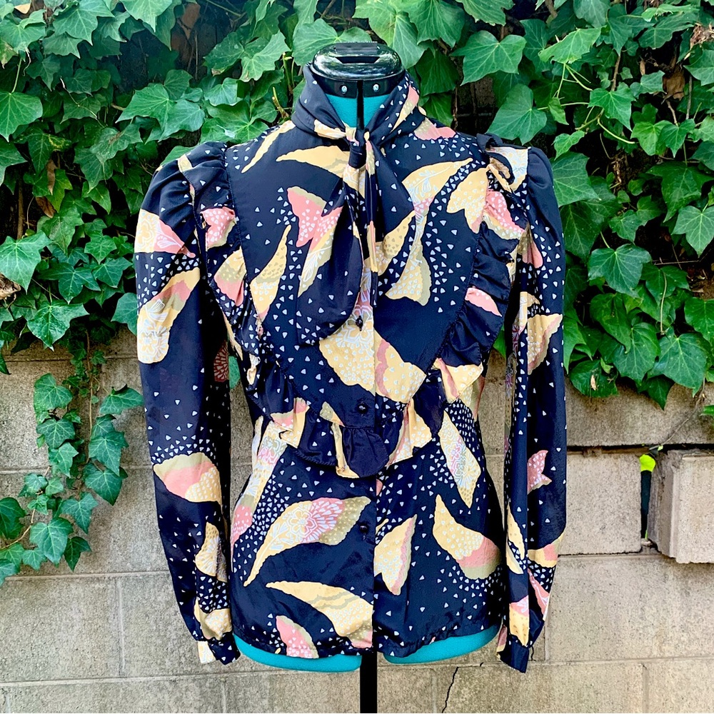Vintage 80s Secretary Blouse 6 S Black Ruffle Bow Floral Top